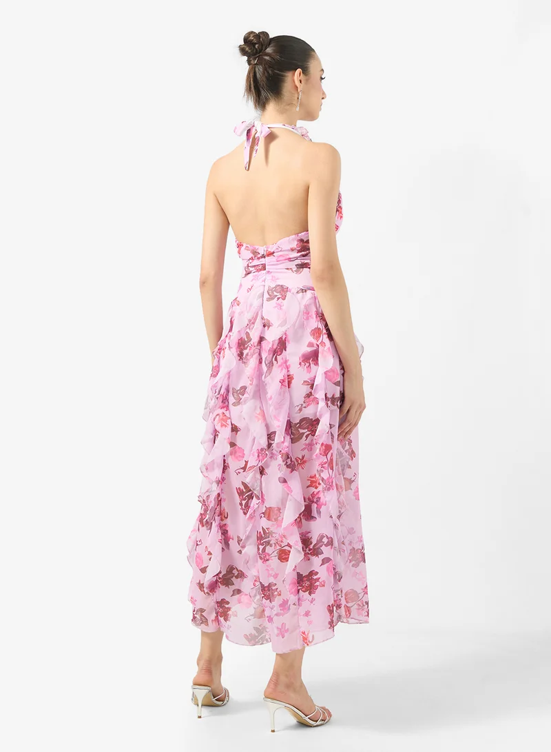 Ginger Boutique Halter Neck Ditsy Floral Waterfall Ruffle Detail Maxi Gown