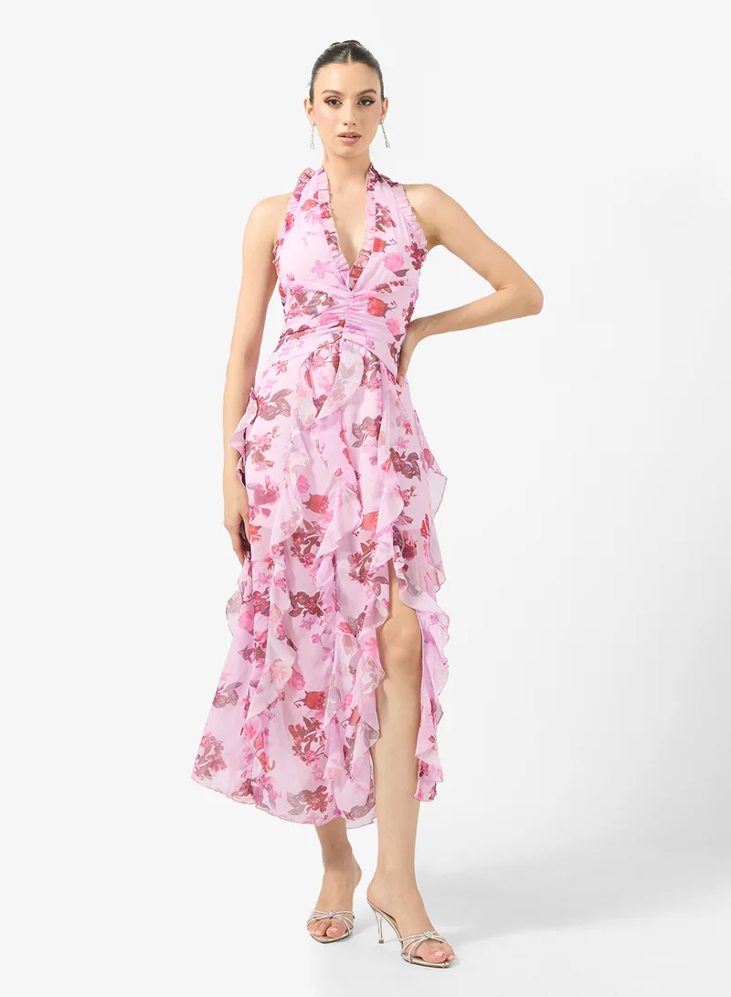 Ginger Boutique Halter Neck Ditsy Floral Waterfall Ruffle Detail Maxi Gown