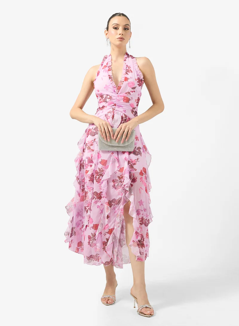 جينجر بوتيك Halter Neck Ditsy Floral Waterfall Ruffle Detail Maxi Gown