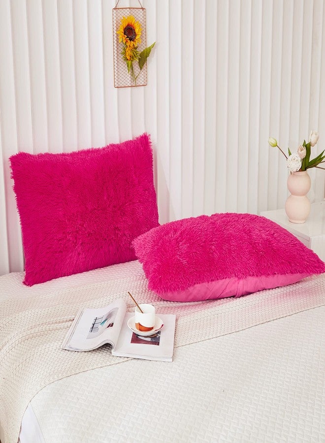 Memfydu Faux Fur Fluffy Pillowcases, Hot Pink Plush Shaggy Velvet Standard/Queen Size Pillow Cover Set of 2, Zipper Closure (20"x26", Hot Pink) - Image 4