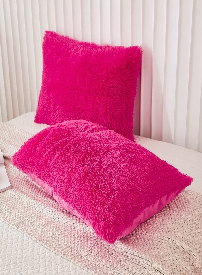 Memfydu Faux Fur Fluffy Pillowcases, Hot Pink Plush Shaggy Velvet Standard/Queen Size Pillow Cover Set of 2, Zipper Closure (20"x26", Hot Pink) - Image 3