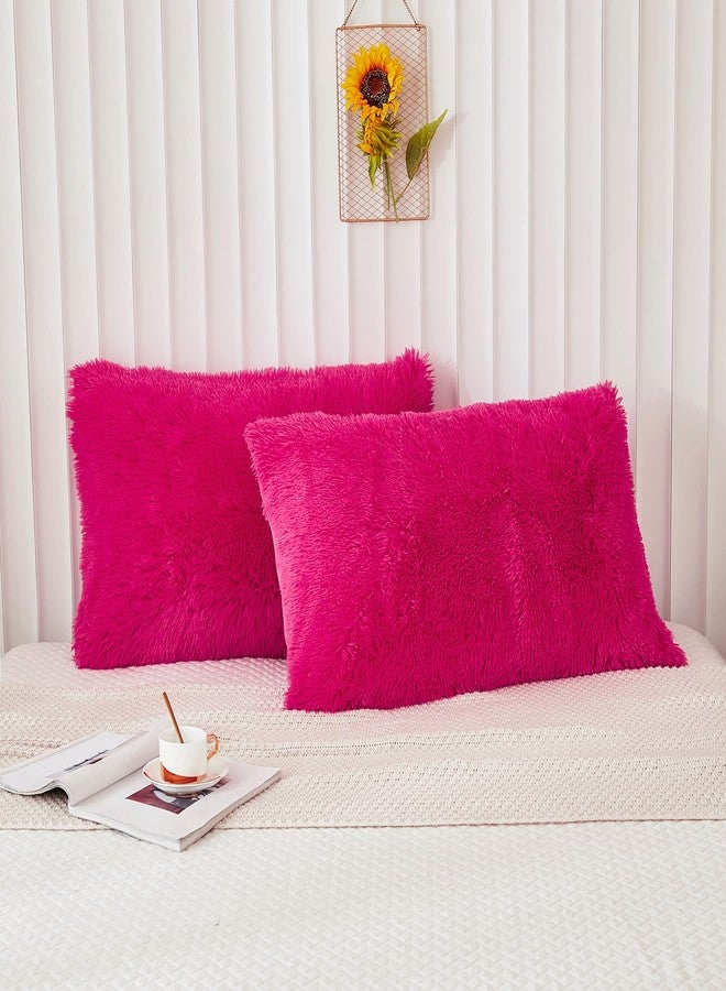 Memfydu Faux Fur Fluffy Pillowcases, Hot Pink Plush Shaggy Velvet Standard/Queen Size Pillow Cover Set of 2, Zipper Closure (20"x26", Hot Pink) - Image 2