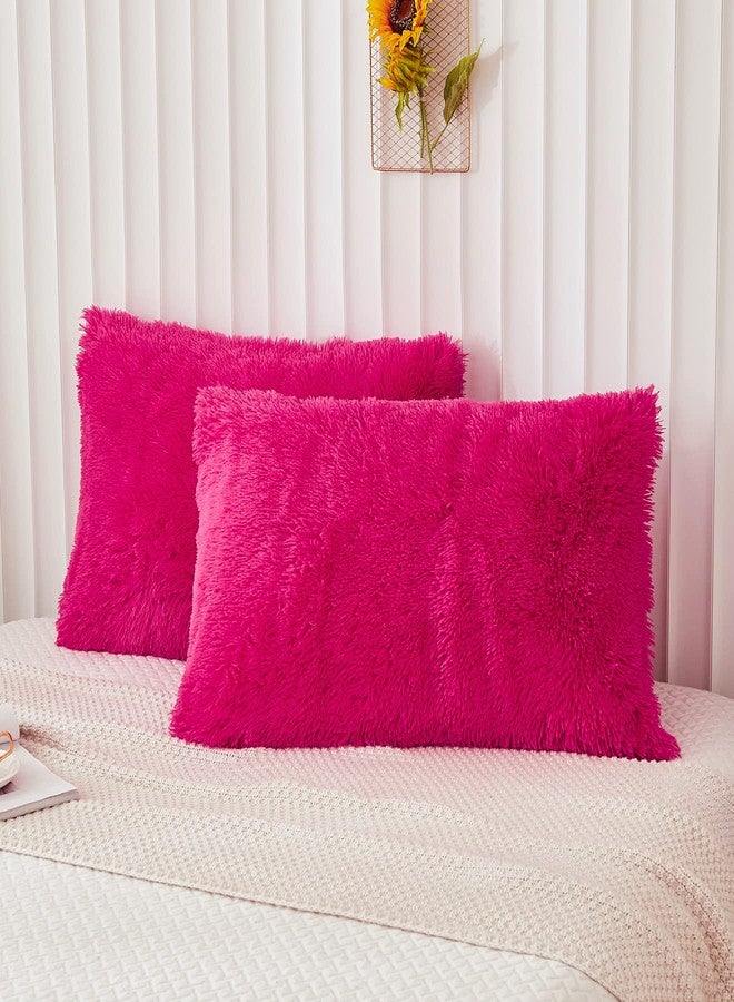 Memfydu Faux Fur Fluffy Pillowcases, Hot Pink Plush Shaggy Velvet Standard/Queen Size Pillow Cover Set of 2, Zipper Closure (20"x26", Hot Pink) - Image 1