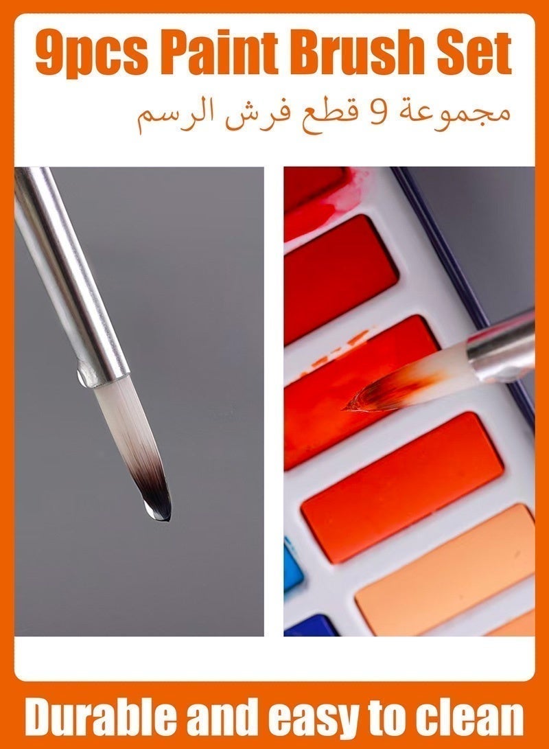 مجموعة فرش رسم، 9 فرش، مناسبة لألوان الأكريليك والزيت والألوان المائية والجواش، مجموعة احترافية، رؤوس من النايلون الصناعي، لون أبيض. - Image 3