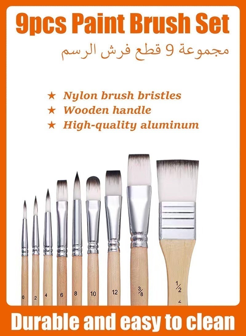 مجموعة فرش رسم، 9 فرش، مناسبة لألوان الأكريليك والزيت والألوان المائية والجواش، مجموعة احترافية، رؤوس من النايلون الصناعي، لون أبيض. - Image 2