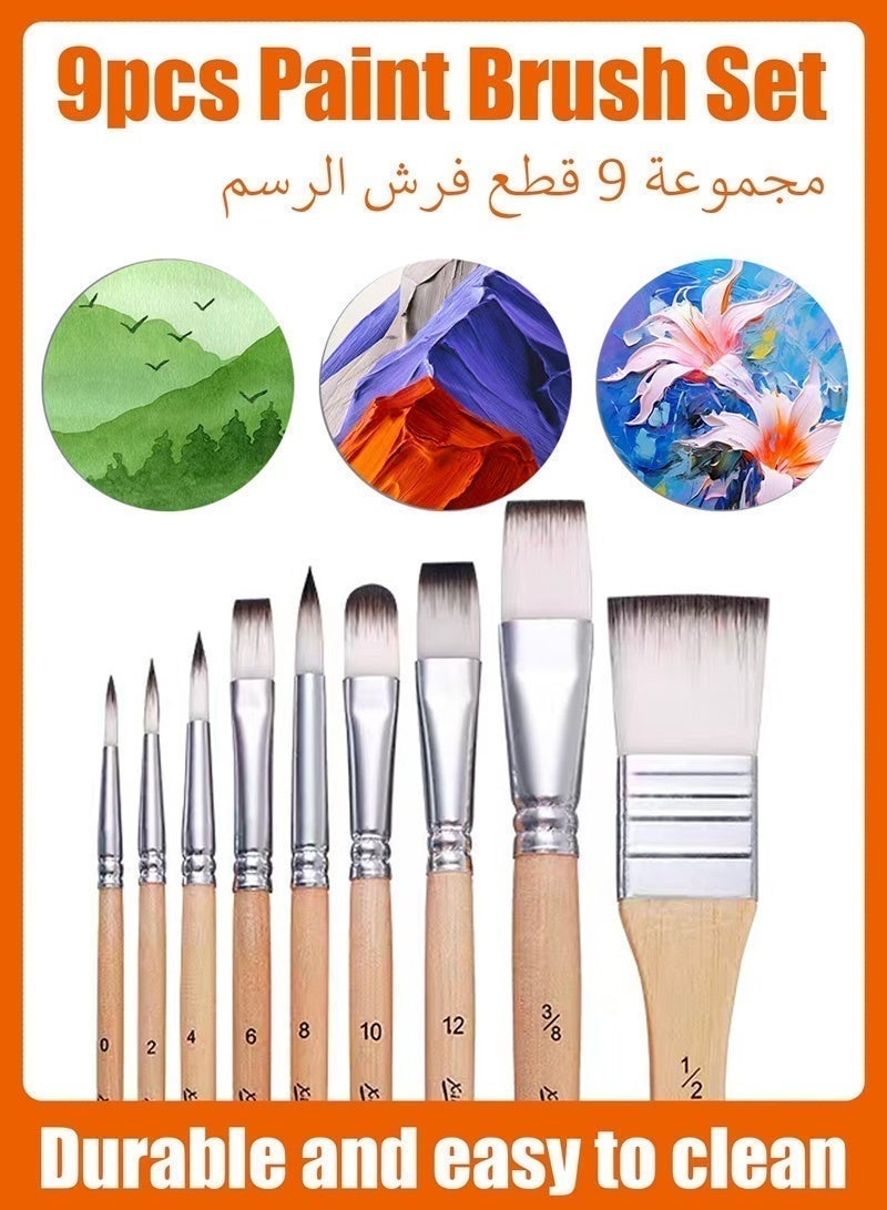 مجموعة فرش رسم، 9 فرش، مناسبة لألوان الأكريليك والزيت والألوان المائية والجواش، مجموعة احترافية، رؤوس من النايلون الصناعي، لون أبيض. - Image 4