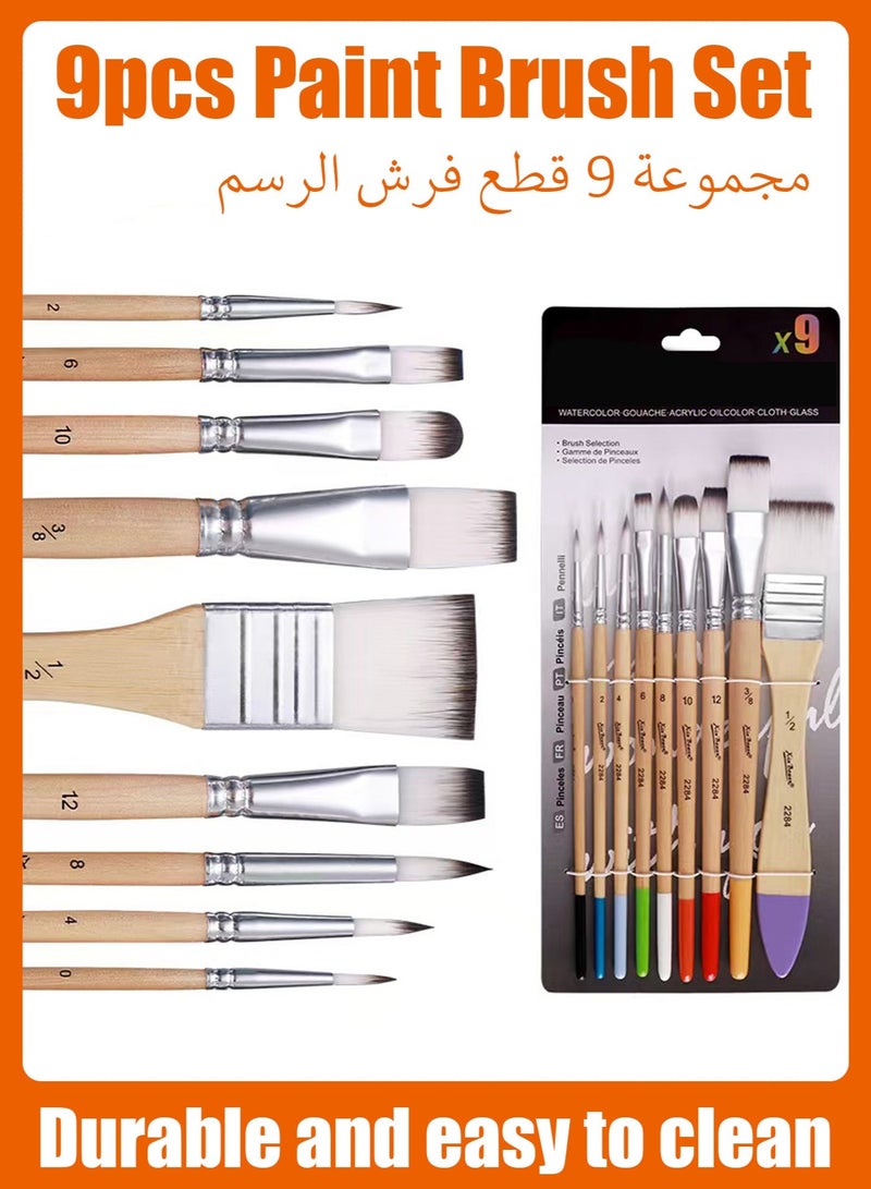 مجموعة فرش رسم، 9 فرش، مناسبة لألوان الأكريليك والزيت والألوان المائية والجواش، مجموعة احترافية، رؤوس من النايلون الصناعي، لون أبيض. - Image 1