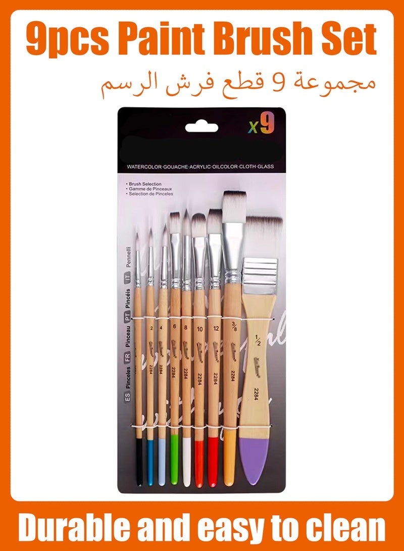 مجموعة فرش رسم، 9 فرش، مناسبة لألوان الأكريليك والزيت والألوان المائية والجواش، مجموعة احترافية، رؤوس من النايلون الصناعي، لون أبيض. - Image 5