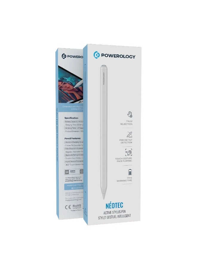 Powerology Néotec Active Stylus Pen with Wireless Charging & Gesture Control / Magnetic Pencil compatible with iPad Pro/Air/Mini (2018 & later) / with Tilt Sensitivity & Palm Rejection - White - Image 3