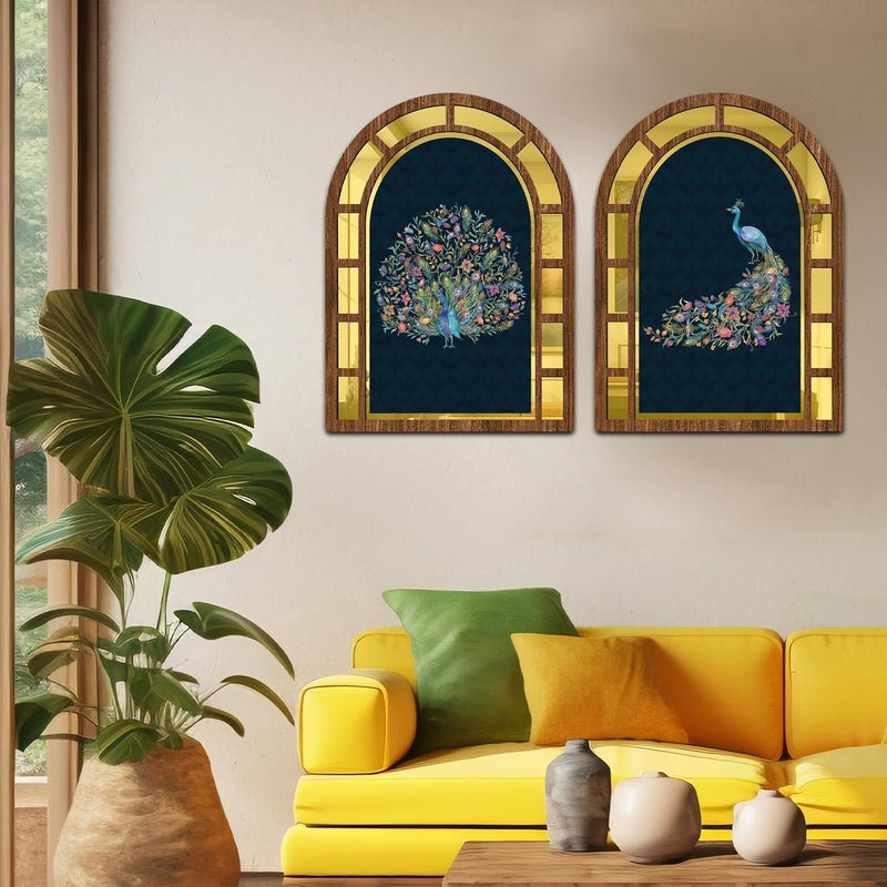 IT2M Wooden Mirror Style Mayuri Wall Art For Home Décor Items|Wall Décor Items|Room Decortaion Items For Bedroom|Wall Décor Item For Living Room|Office Décor|Gift Items|Set Of 2 - Image 5