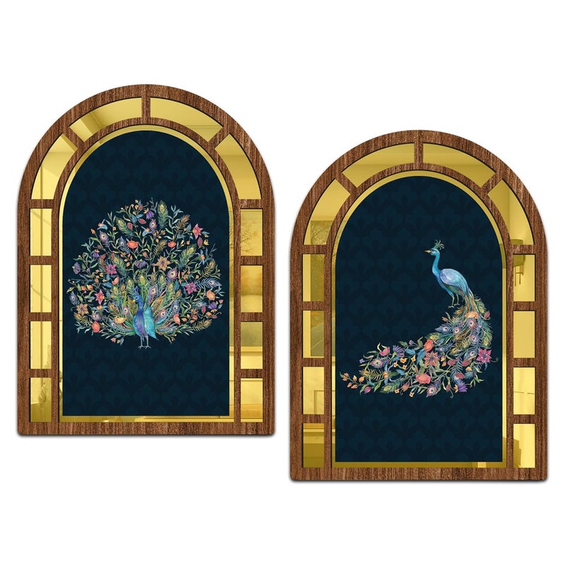 IT2M Wooden Mirror Style Mayuri Wall Art For Home Décor Items|Wall Décor Items|Room Decortaion Items For Bedroom|Wall Décor Item For Living Room|Office Décor|Gift Items|Set Of 2 - Image 1