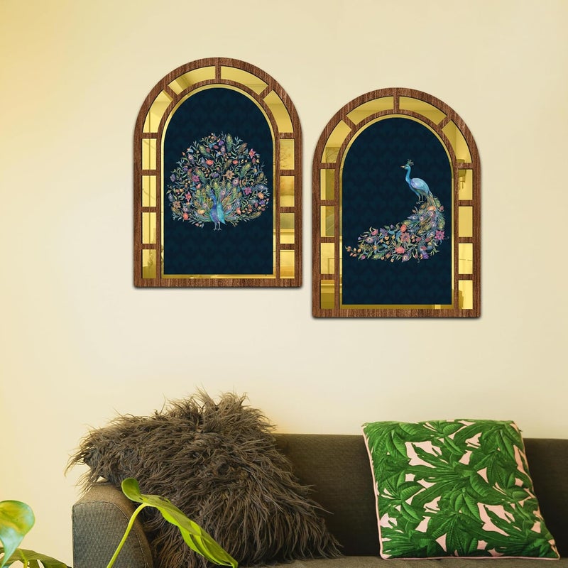 IT2M Wooden Mirror Style Mayuri Wall Art For Home Décor Items|Wall Décor Items|Room Decortaion Items For Bedroom|Wall Décor Item For Living Room|Office Décor|Gift Items|Set Of 2 - Image 3