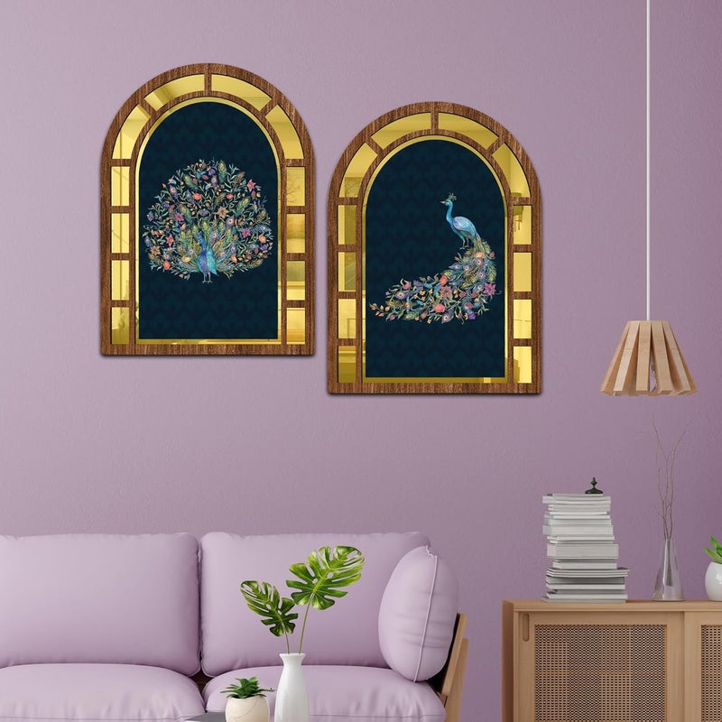 IT2M Wooden Mirror Style Mayuri Wall Art For Home Décor Items|Wall Décor Items|Room Decortaion Items For Bedroom|Wall Décor Item For Living Room|Office Décor|Gift Items|Set Of 2 - Image 4