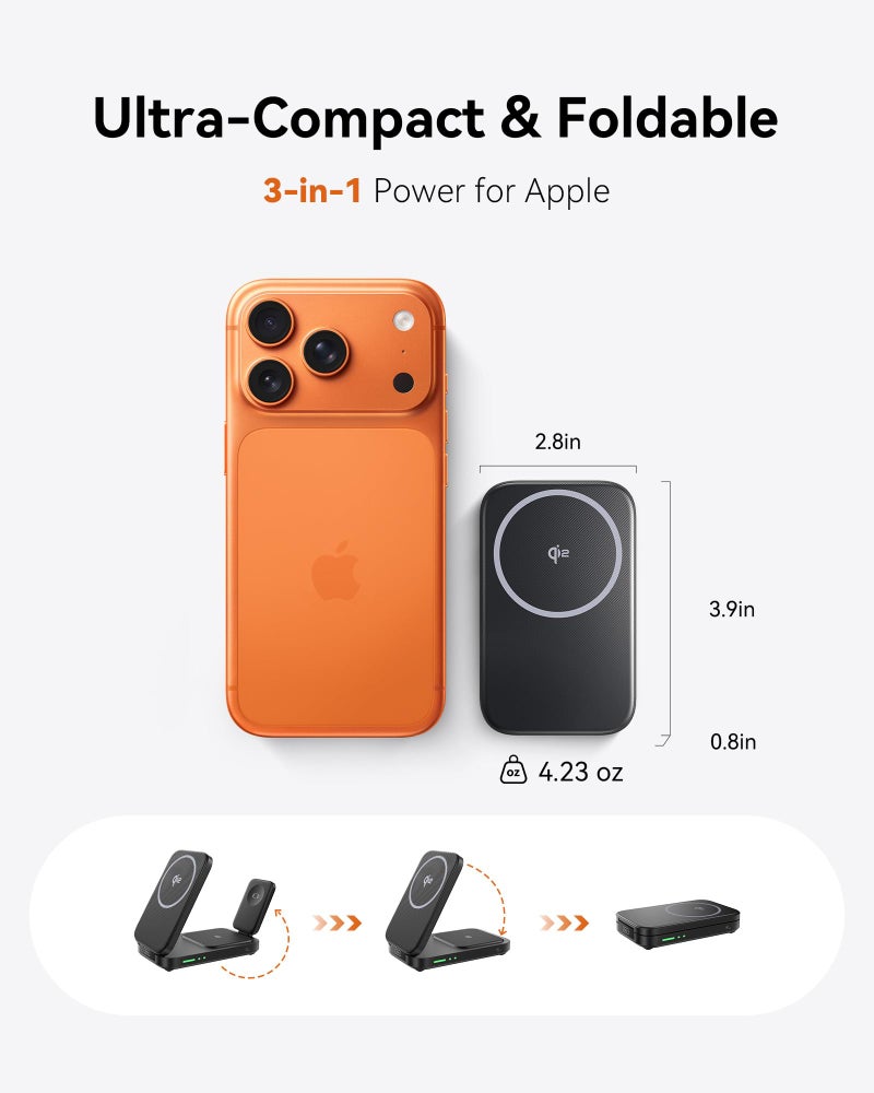 INIU 3-in-1 Charging Station for Apple Device, Qi2 Certified 15W Fast Magnetic Wireless Charger Dock, Travel Charging Compatible with Mag-Safe for iPhone 17 16 15 14 13 12 Series, Apple Watch &AirPods - Image 2