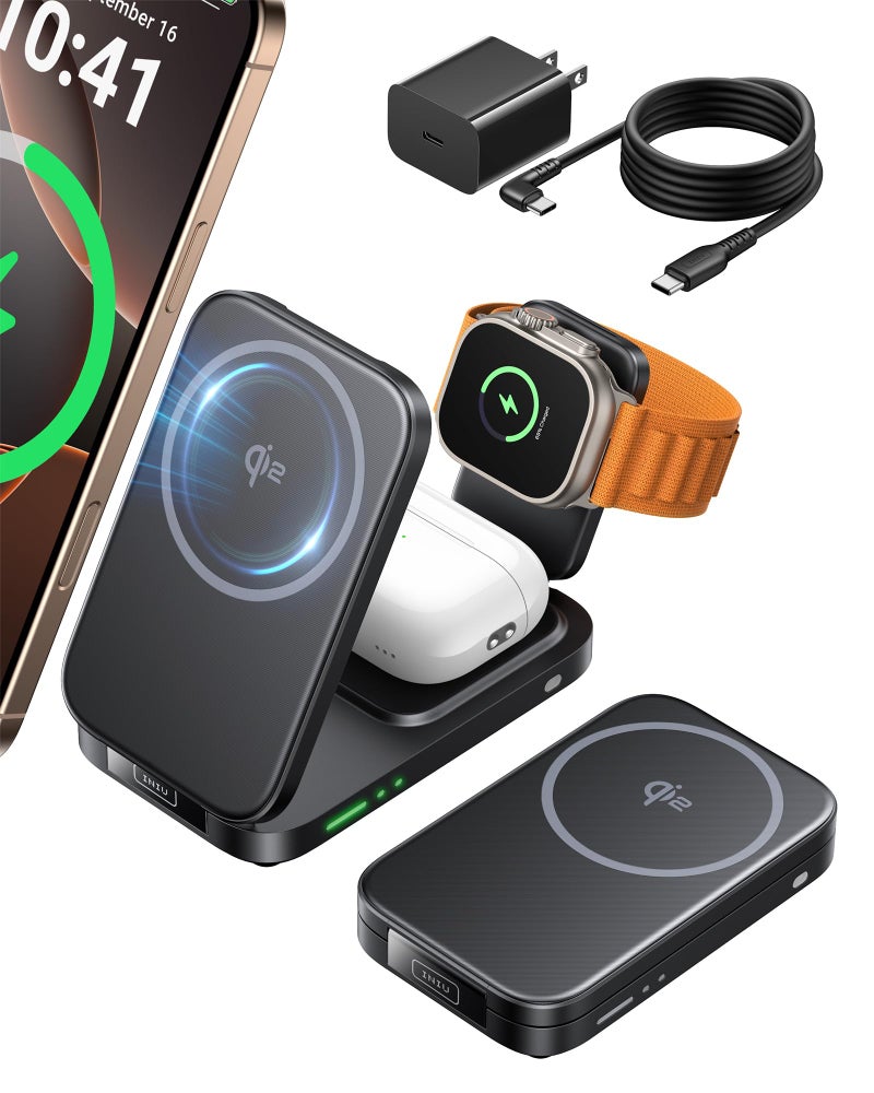 INIU 3-in-1 Charging Station for Apple Device, Qi2 Certified 15W Fast Magnetic Wireless Charger Dock, Travel Charging Compatible with Mag-Safe for iPhone 17 16 15 14 13 12 Series, Apple Watch &AirPods - Image 1