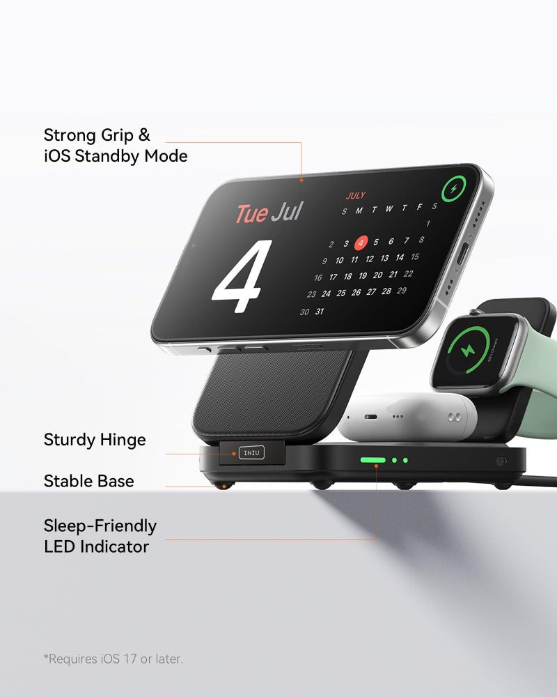 INIU 3-in-1 Charging Station for Apple Device, Qi2 Certified 15W Fast Magnetic Wireless Charger Dock, Travel Charging Compatible with Mag-Safe for iPhone 17 16 15 14 13 12 Series, Apple Watch &AirPods - Image 5