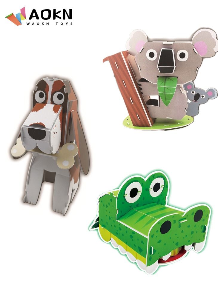 WAOKN 3PCs Animals Kids Arts and Crafts Welcome to The Zoo 3D Foam Puzzles Crafts for Children Crocodile Koala Dog Set - Image 1