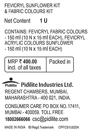 Pidilite Fevicryl Sunflower Kit, Set Of 2 - Acrylic Colour And Fabric Color (10X15Ml) Each, Multicolor - Image 2