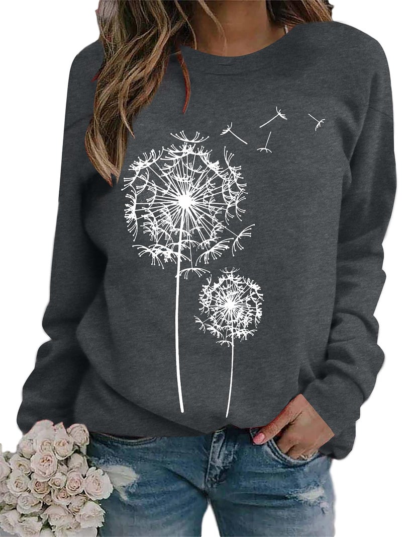 BANGELY Womens Dandelion Sweatshirt Hope Love Floral Graphic Shirt Casual Crewneck Tee Loose Long Sleeve Pullover Tops Grey - Image 1