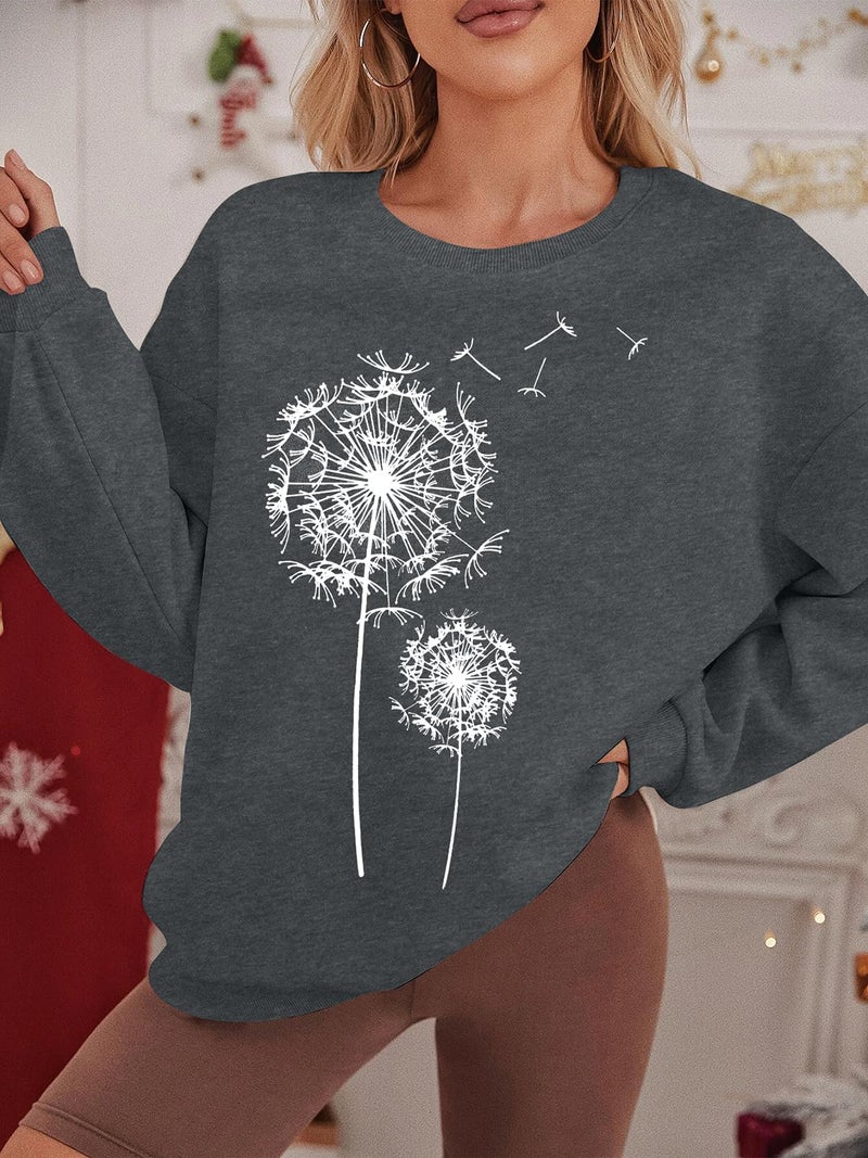 BANGELY Womens Dandelion Sweatshirt Hope Love Floral Graphic Shirt Casual Crewneck Tee Loose Long Sleeve Pullover Tops Grey - Image 4