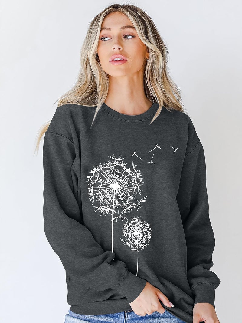 BANGELY Womens Dandelion Sweatshirt Hope Love Floral Graphic Shirt Casual Crewneck Tee Loose Long Sleeve Pullover Tops Grey - Image 2