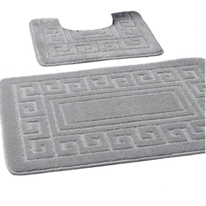 LUXURY 2 PIECE GREEK BATH MAT SET NON SLIP ULTRA SOFT BATHROOM MATS WATER ABSORBENT BATH MATS MACHINE WASHABLE RUG TOILET MAT FOR BATHROOM FLOOR SILVER