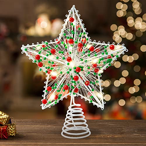 Whaline Christmas Star Tree Topper 83 Inch Red Green Berries Dotted 3D Star Treetop LED Lighted Battery Powered Unique Design Xmas Tree Ornament for Christmas Party Indoor Outdoor Home Decoration - Image 1