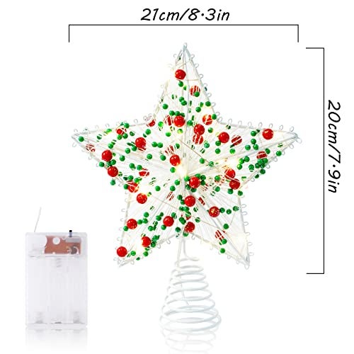 Whaline Christmas Star Tree Topper 83 Inch Red Green Berries Dotted 3D Star Treetop LED Lighted Battery Powered Unique Design Xmas Tree Ornament for Christmas Party Indoor Outdoor Home Decoration - Image 3