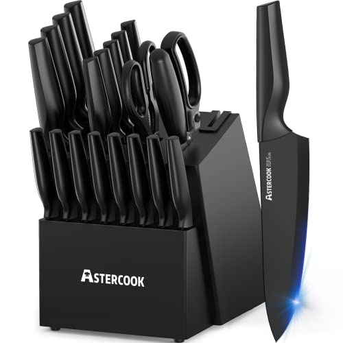 Astercook Knife Set, Astercook 21 Pieces Knife Sets for Kitchen with Block, Dishwasher Safe Kitchen Knife Set with Built-in Sharpener, German Stainless Steel Black Knife Block Set - Image 1