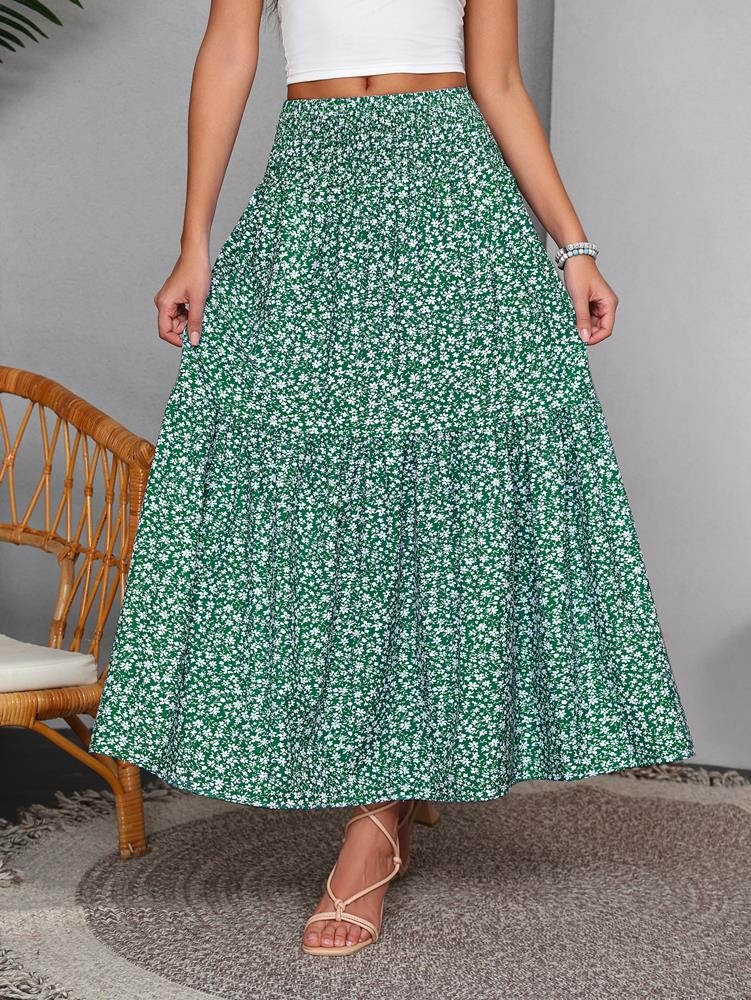 Elastic High Waist A-Line Floral Maxi Skirt