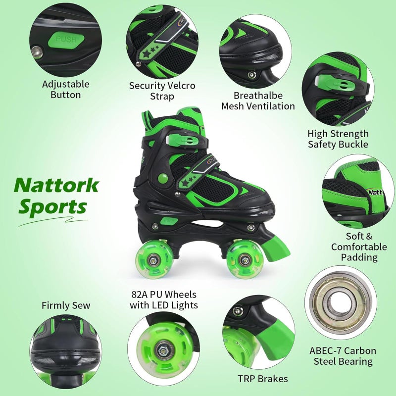 Nattork زلاجات رولر للأطفال للأولاد - أخضر للأطفال الكبار بعمر 7 8 9 10 - قابلة للتعديل مع عجلات مضيئة داخلية وخارجية هدية عيد ميلاد للابن والحفيد - Image 2
