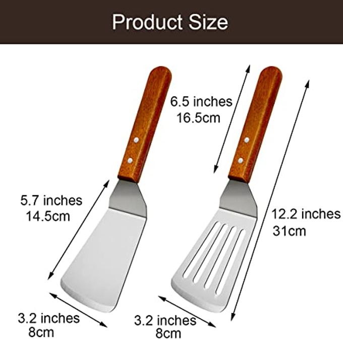 KLAQQED 2Pcs Metal Spatulas Set, Metal Spatula for Cast Iron Skillet, Cooking Utensils Fish Egg Grill Spatula Stainless Steel Slotted Spatula, Wok Flat Top Small Metal Spatula Turner with Wood Handle - Image 3