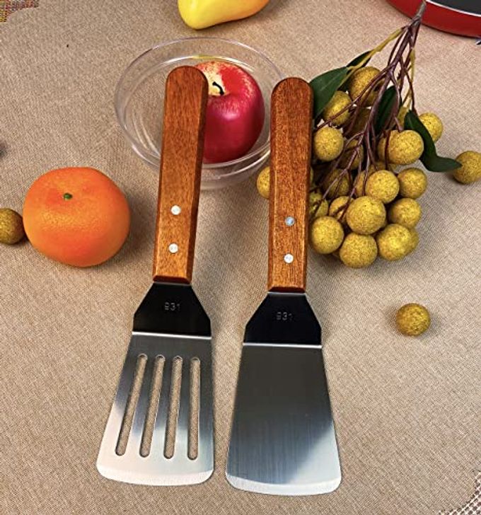 KLAQQED 2Pcs Metal Spatulas Set, Metal Spatula for Cast Iron Skillet, Cooking Utensils Fish Egg Grill Spatula Stainless Steel Slotted Spatula, Wok Flat Top Small Metal Spatula Turner with Wood Handle - Image 5