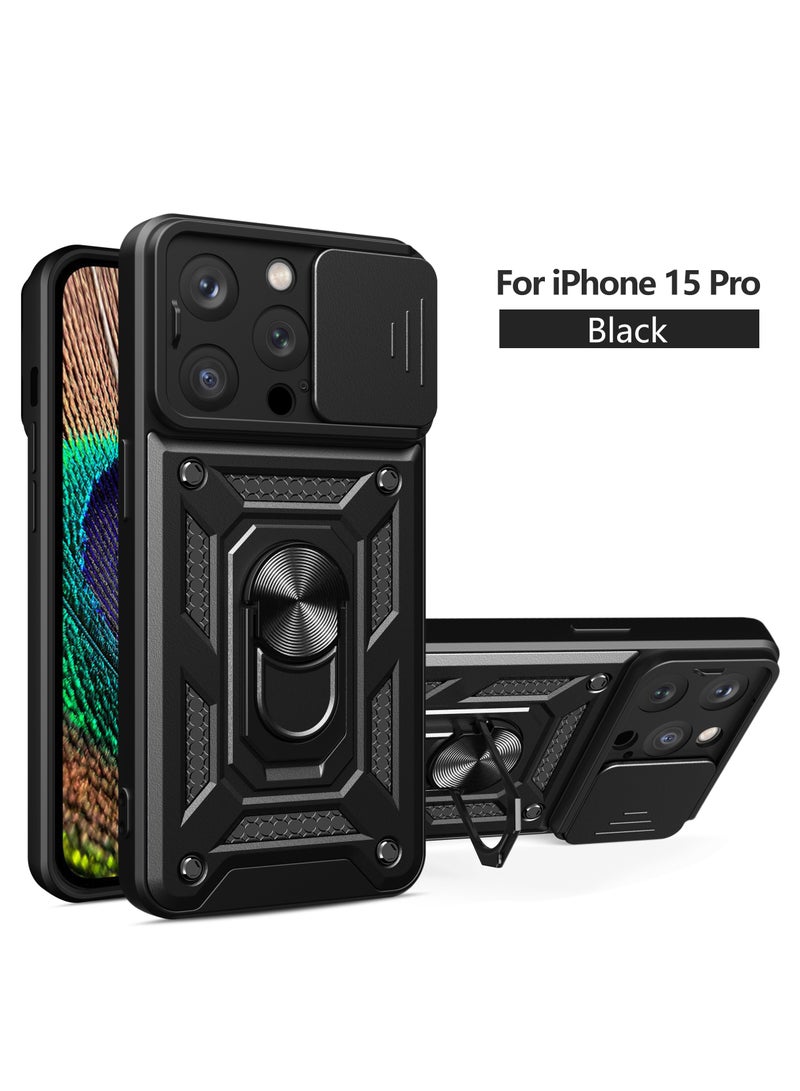 لـ Apple iPhone 15 Pro غطاء الحالة, غطاء عدسة الكاميرا الشريحة, حامل الحلقة المغناطيسية مقعد حالة الهاتف الوقائي لـ Apple iPhone 15 Pro, أسود - Image 1