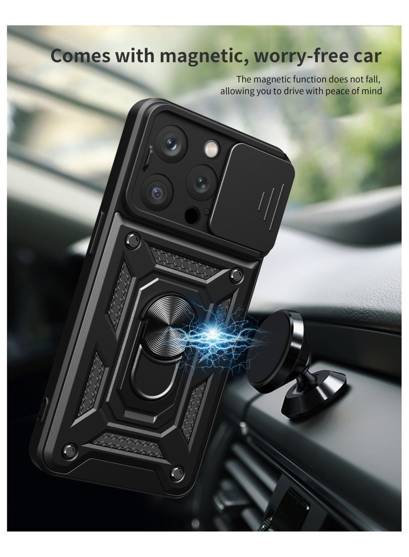 لـ Apple iPhone 15 Pro غطاء الحالة, غطاء عدسة الكاميرا الشريحة, حامل الحلقة المغناطيسية مقعد حالة الهاتف الوقائي لـ Apple iPhone 15 Pro, أسود - Image 2