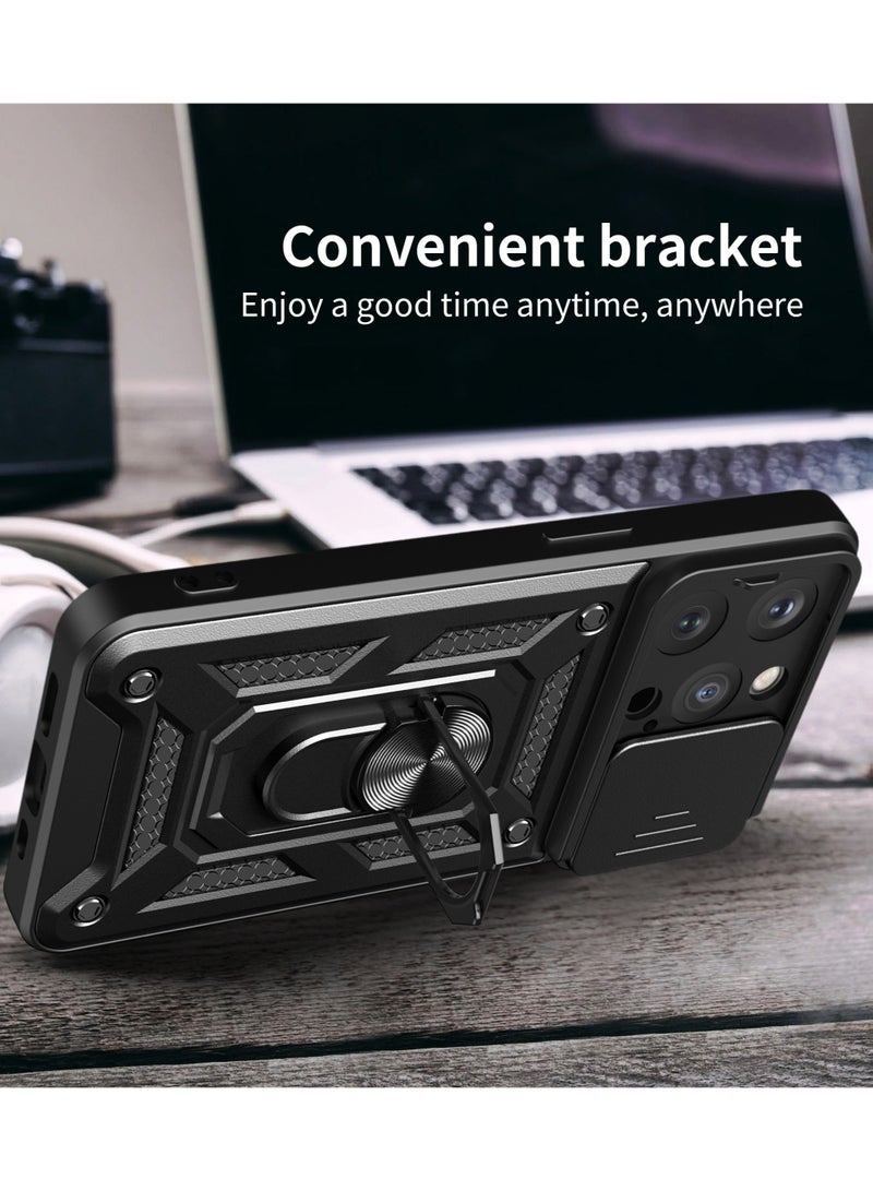 لـ Apple iPhone 15 Pro غطاء الحالة, غطاء عدسة الكاميرا الشريحة, حامل الحلقة المغناطيسية مقعد حالة الهاتف الوقائي لـ Apple iPhone 15 Pro, أسود - Image 3