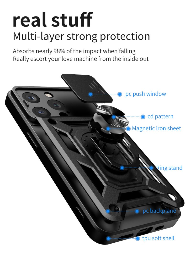 لـ Apple iPhone 15 Pro غطاء الحالة, غطاء عدسة الكاميرا الشريحة, حامل الحلقة المغناطيسية مقعد حالة الهاتف الوقائي لـ Apple iPhone 15 Pro, أسود - Image 4