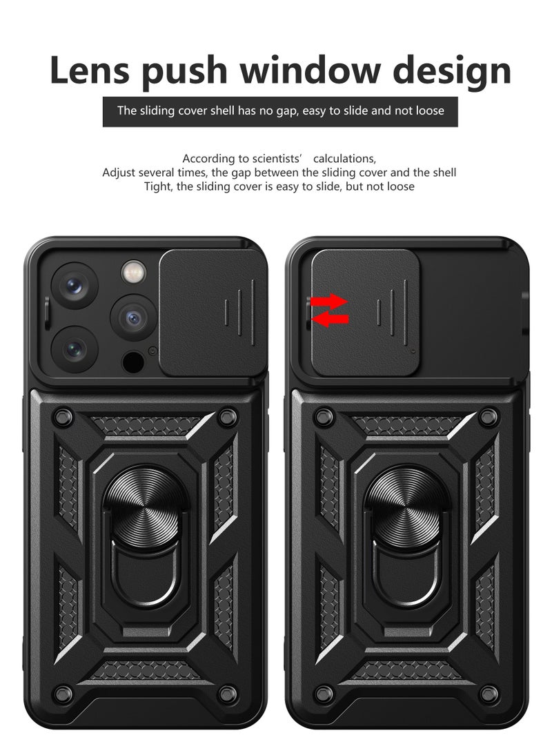 لـ Apple iPhone 15 Pro غطاء الحالة, غطاء عدسة الكاميرا الشريحة, حامل الحلقة المغناطيسية مقعد حالة الهاتف الوقائي لـ Apple iPhone 15 Pro, أسود - Image 5