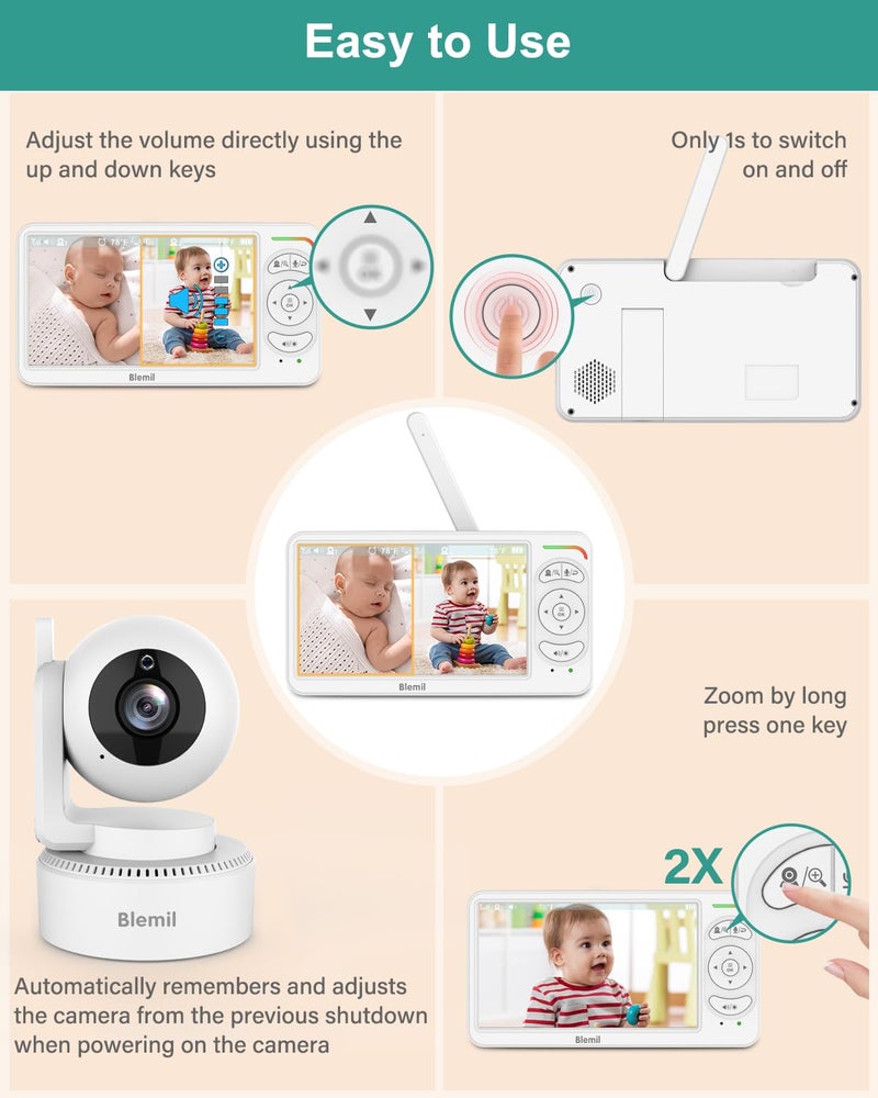 Blemil 6" Baby Monitor with 2 Cameras 4000mAh Battery Upgrade Split Screen Video Baby Monitor No WiFi Remote Pan-Tilt-Zoom Auto-Night Vision 150 Languages ECO Mode 2-Way Talk 1000FT (Ideal Condition) - Image 4