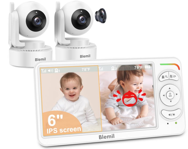 Blemil 6" Baby Monitor with 2 Cameras 4000mAh Battery Upgrade Split Screen Video Baby Monitor No WiFi Remote Pan-Tilt-Zoom Auto-Night Vision 150 Languages ECO Mode 2-Way Talk 1000FT (Ideal Condition) - Image 1