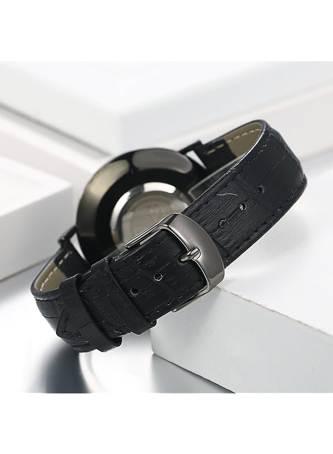 JewelryWe Damenarmbanduhr Lederband Farbe Gold Schwarz Einfache Uhr - Image 4