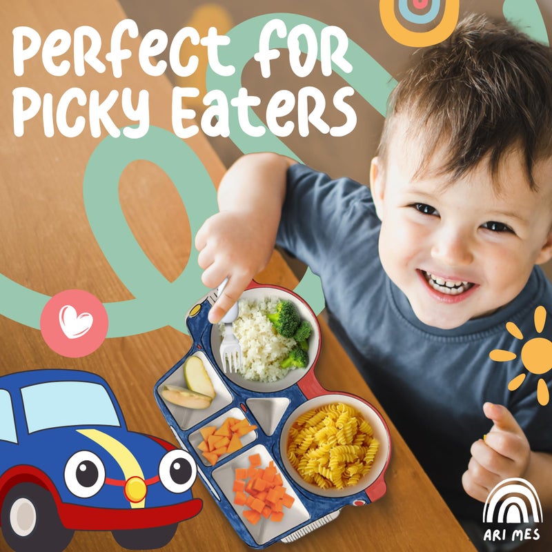 ARI MES - Divided Car Plate for Toddlers with Spoon and Fork - Fun, BPA-Free, Shatter- Resistant, Lightweight, Picky Eaters Kids Dinnerware Set, Children's Utensils - Image 2