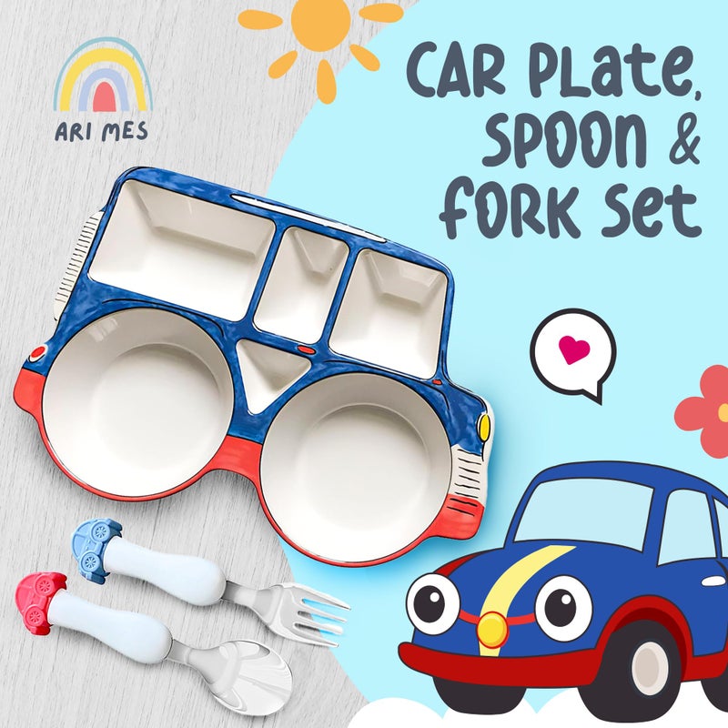 ARI MES - Divided Car Plate for Toddlers with Spoon and Fork - Fun, BPA-Free, Shatter- Resistant, Lightweight, Picky Eaters Kids Dinnerware Set, Children's Utensils - Image 3