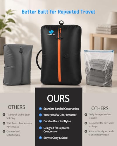 Zurligi Travel Vacuum Bags with Pump Reusable AntiRip Durable Nylon Vacuum Seal Bags for Clothes Waterproof Vacuum Compression Bags with Handle for CarryOn Luggage Travel Gear2Pack Black - Image 3