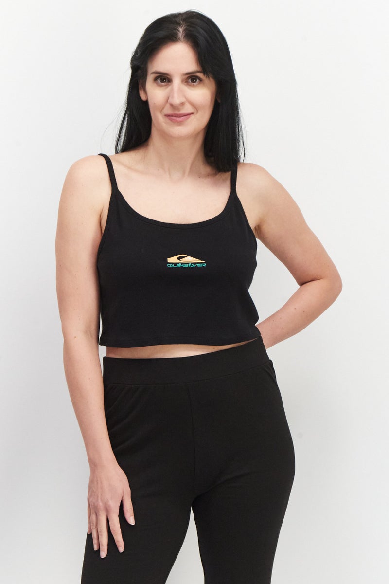 QUIKSILVER Women Scoop Neck Sleeveless Graphic Print Crop Top, Black - Image 1