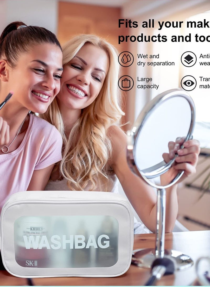 SYOSI حقيبة أدوات الزينة الشفافة، حقيبة سفر مقاومة للماء، حقيبة مستحضرات تجميل محمولة كبيرة السعة، منظم أدوات الزينة للسيدات والفتيات أو الضروريات اليومية للسفر والتخييم واللعب (عبوة من 3 قطع) - Image 2
