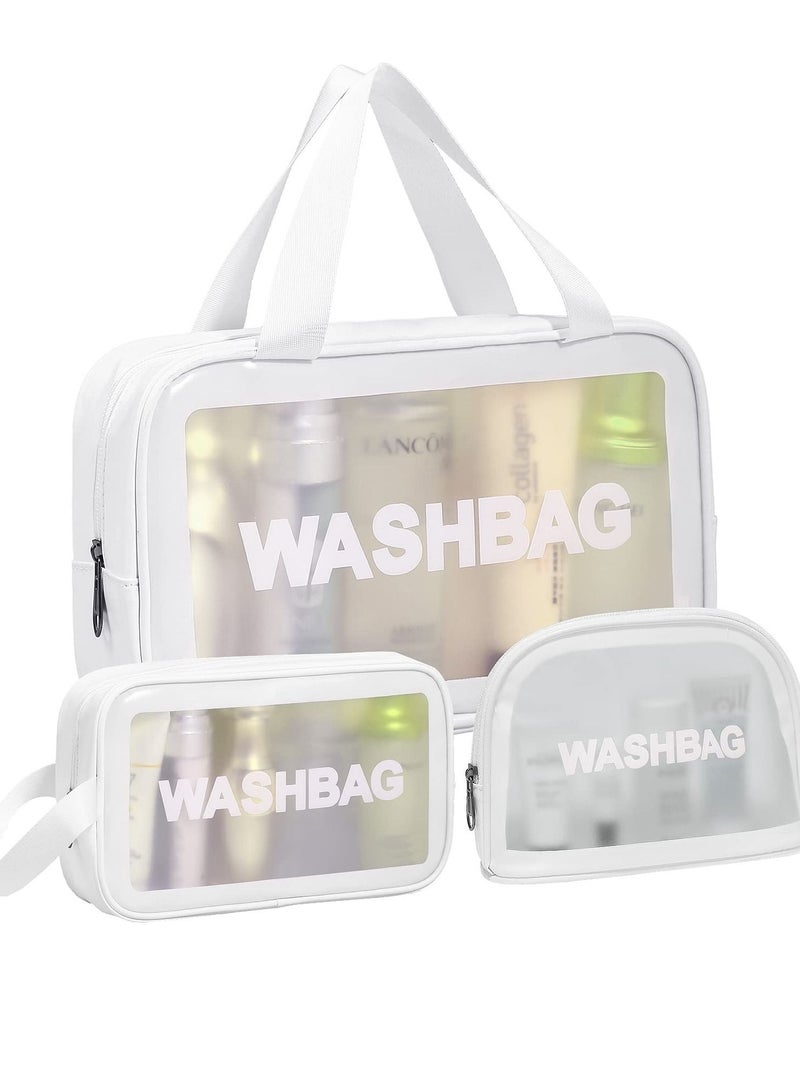 SYOSI حقيبة أدوات الزينة الشفافة، حقيبة سفر مقاومة للماء، حقيبة مستحضرات تجميل محمولة كبيرة السعة، منظم أدوات الزينة للسيدات والفتيات أو الضروريات اليومية للسفر والتخييم واللعب (عبوة من 3 قطع) - Image 1
