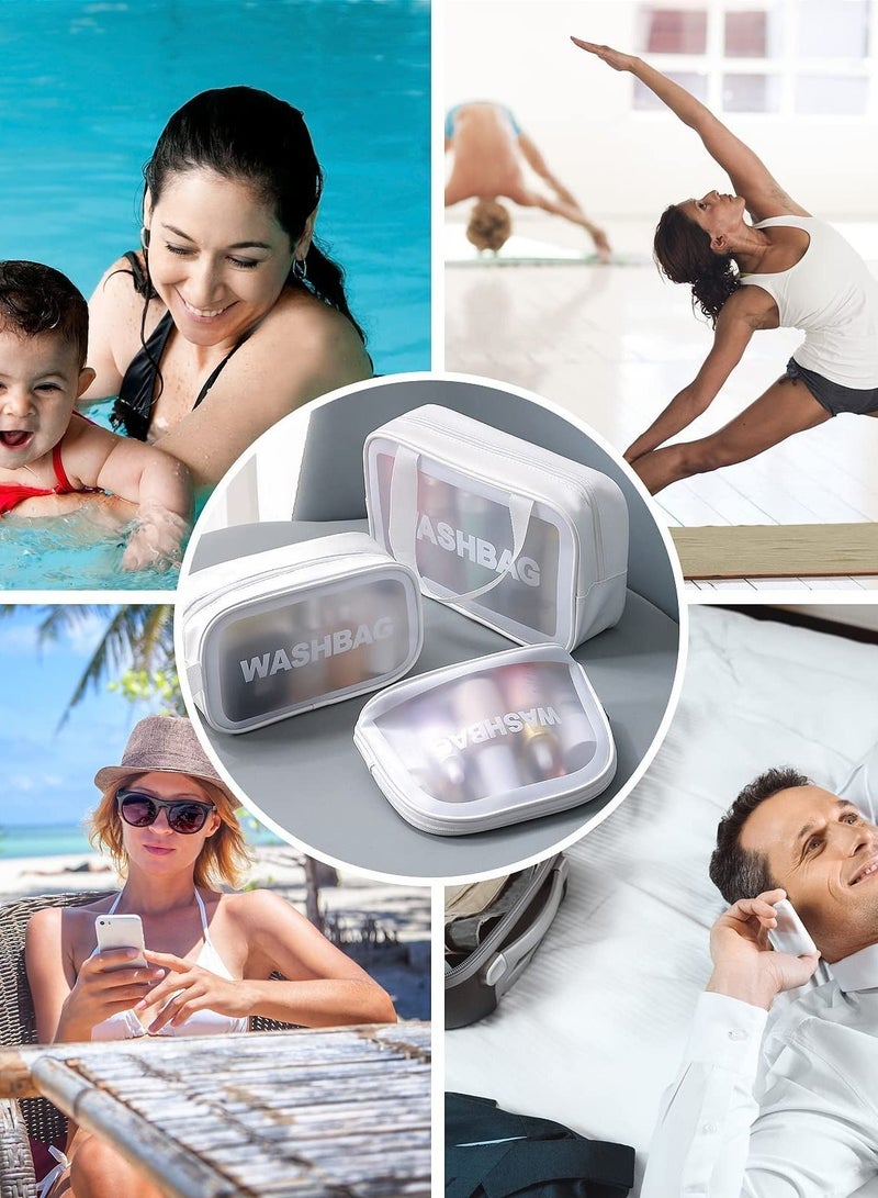 SYOSI حقيبة أدوات الزينة الشفافة، حقيبة سفر مقاومة للماء، حقيبة مستحضرات تجميل محمولة كبيرة السعة، منظم أدوات الزينة للسيدات والفتيات أو الضروريات اليومية للسفر والتخييم واللعب (عبوة من 3 قطع) - Image 4