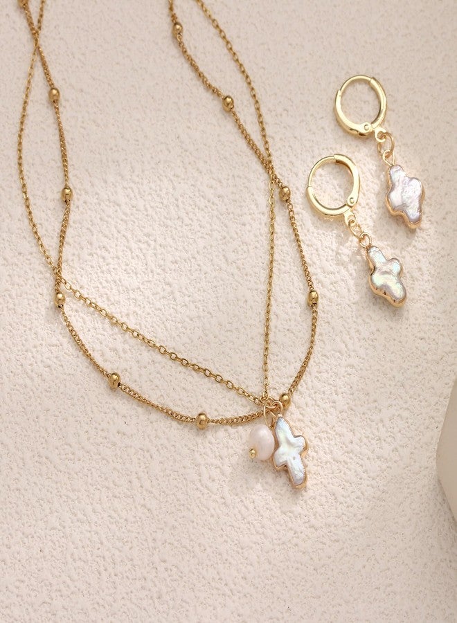 Yewkit Nature Freshwater Pearl Cross Necklace Earring for Women, Gold Baroque Pearl Cross Dainty Layered Necklaces Jewelry Set Gift(gold) ﻿ - Image 5