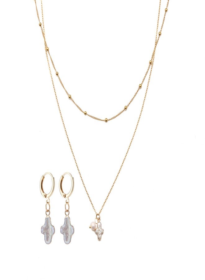 Yewkit Nature Freshwater Pearl Cross Necklace Earring for Women, Gold Baroque Pearl Cross Dainty Layered Necklaces Jewelry Set Gift(gold) ﻿ - Image 1